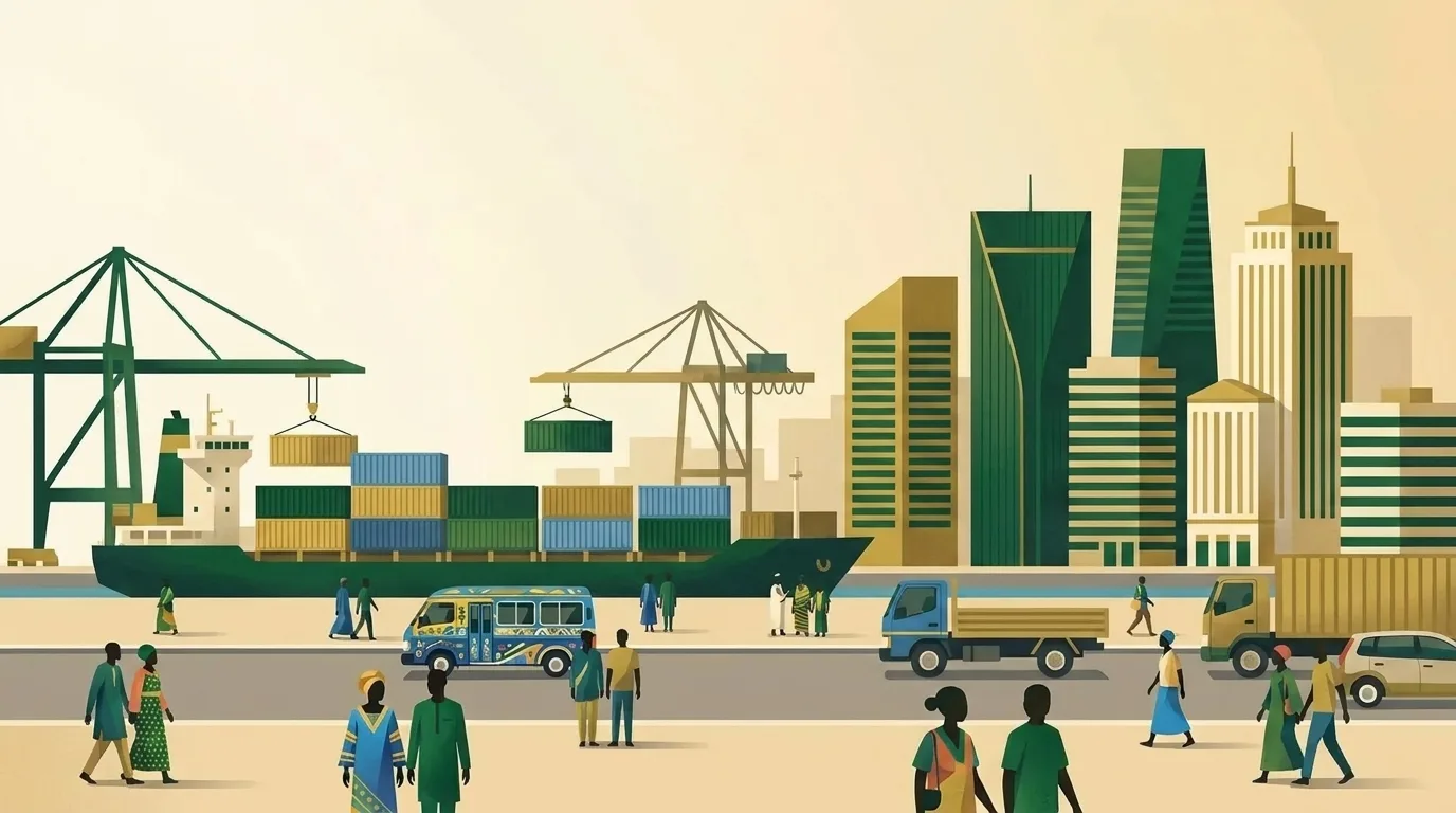 Illustration d'une scène économique à Dakar : port à conteneurs, grues et tours de bureaux, aux couleurs vert et or