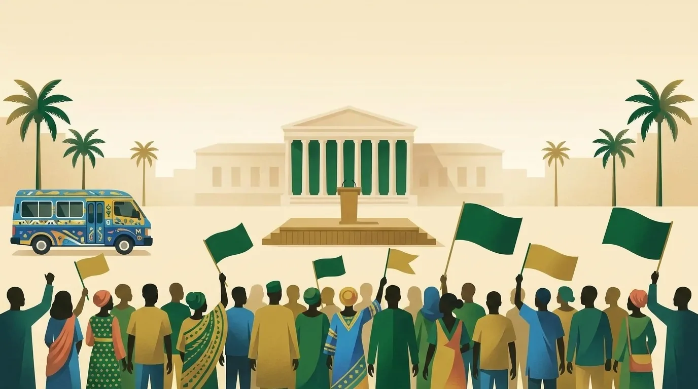 Illustration d'un rassemblement civique pacifique avec une foule anonyme brandissant des drapeaux verts et or