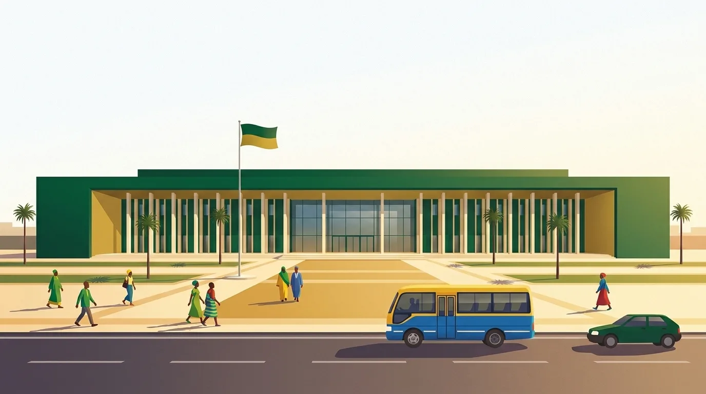 Illustration d'un bâtiment institutionnel moderne sénégalais aux couleurs vert et or, avec passants et car rapide