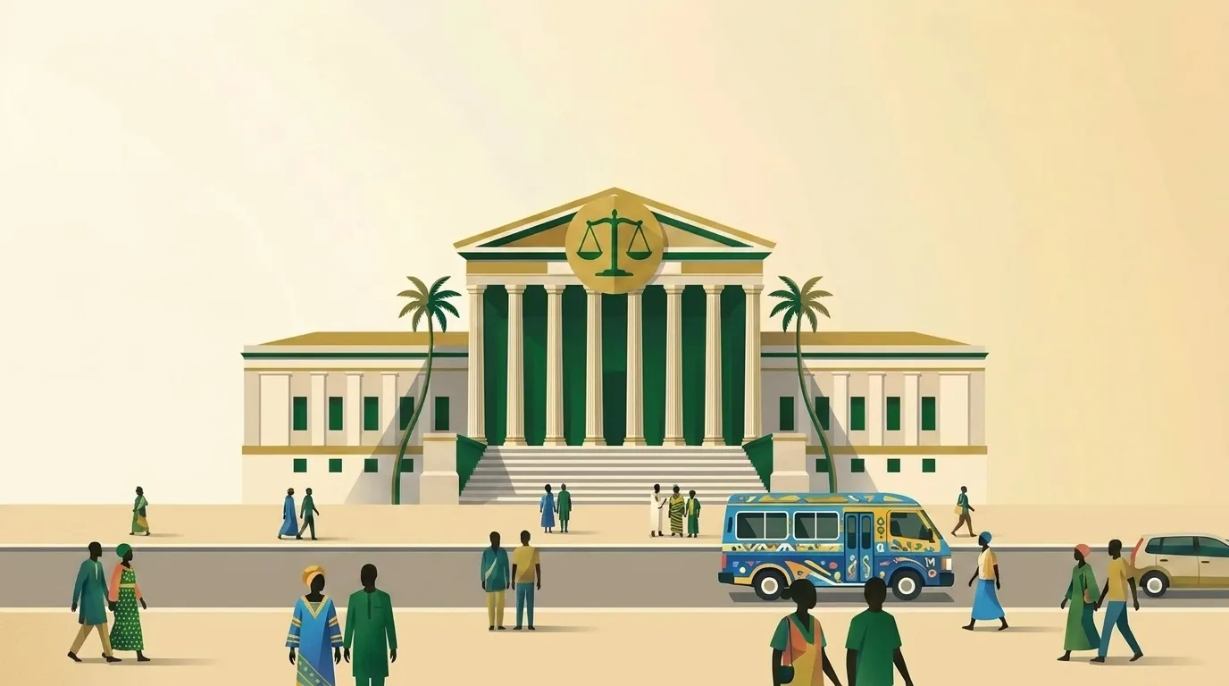 Illustration d'un palais de justice néoclassique avec une balance de la justice, aux couleurs du Sénégal
