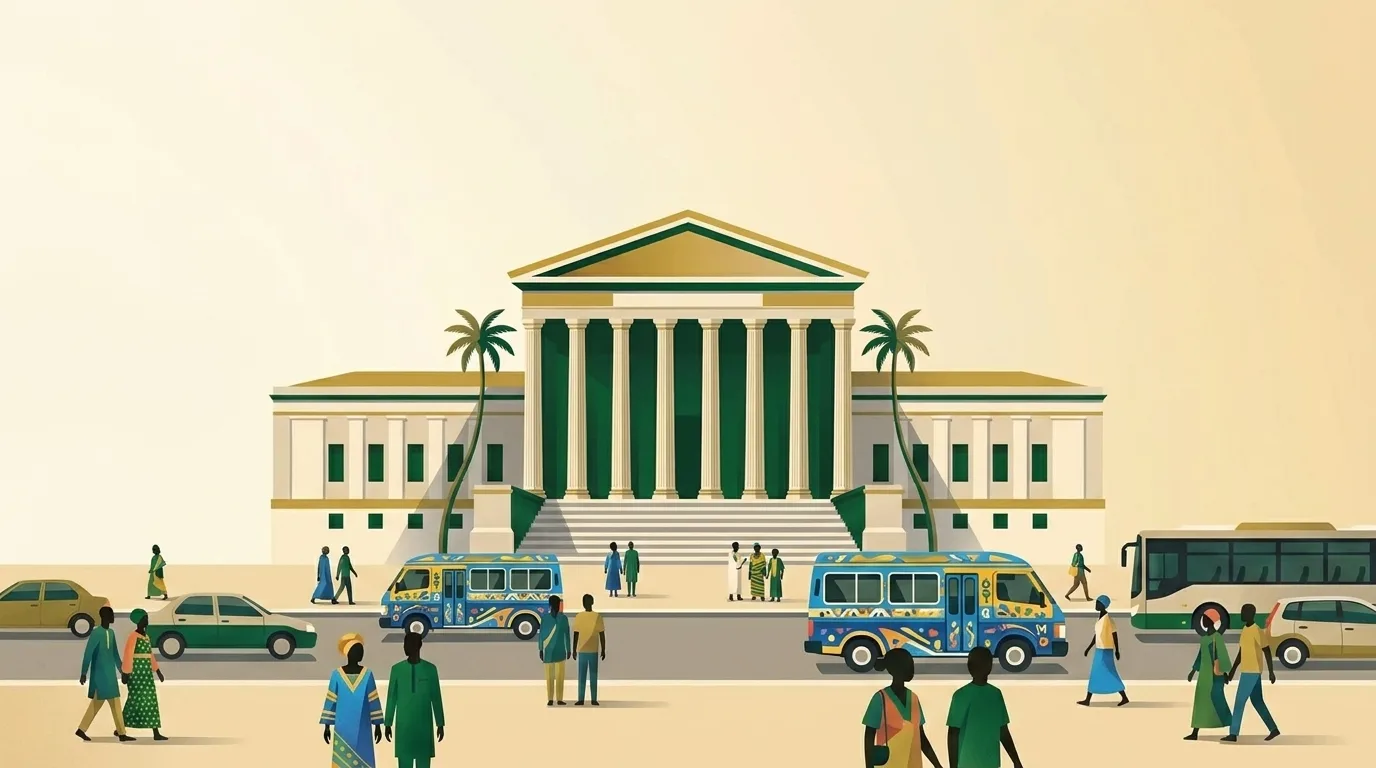 Illustration d'un bâtiment gouvernemental sénégalais animé, avec passants, voitures et car rapides bleu et jaune